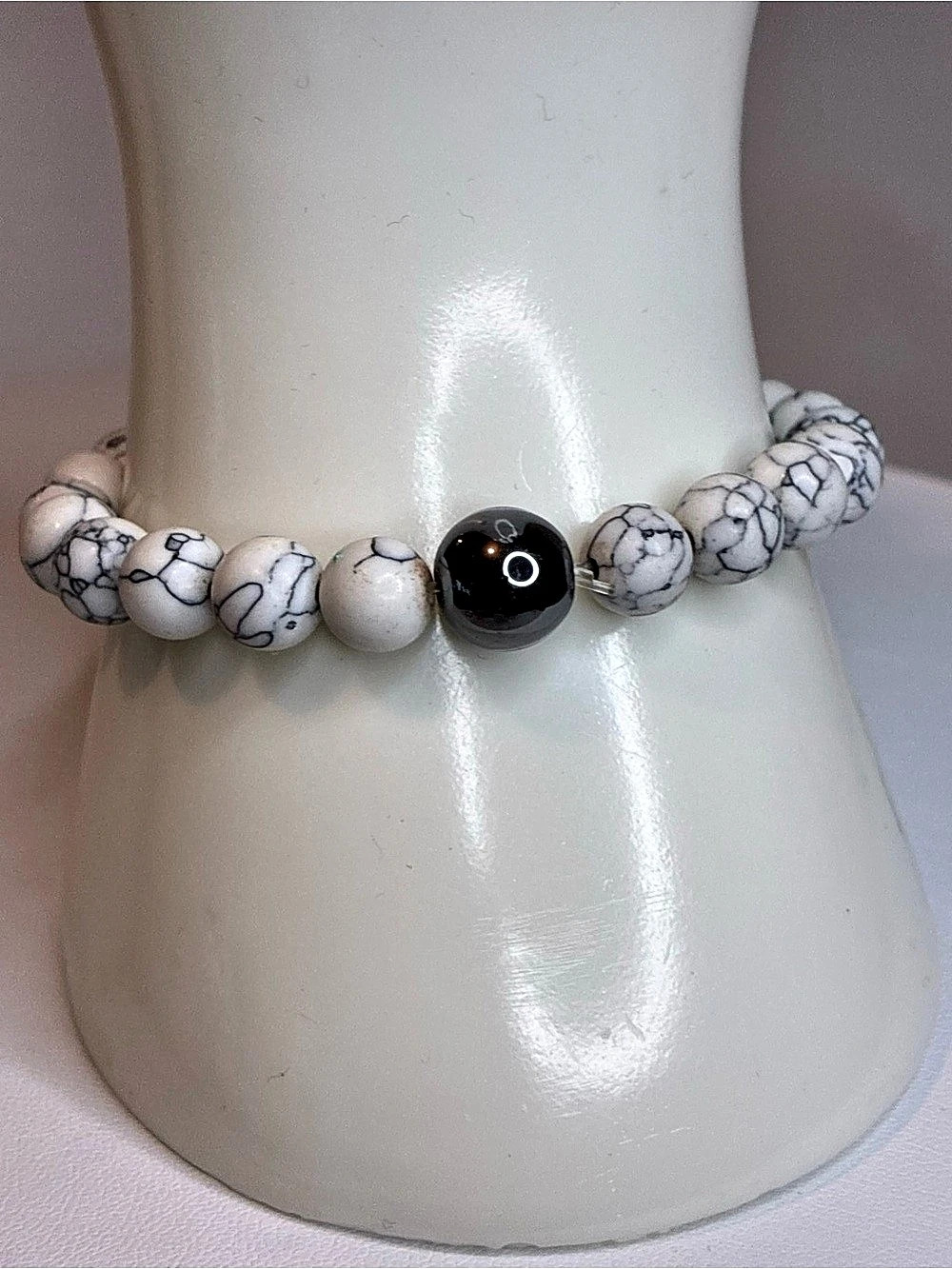 Beaded Bracelet White Howlite Gemstone Dark Grey Veining & Metallic Hematite